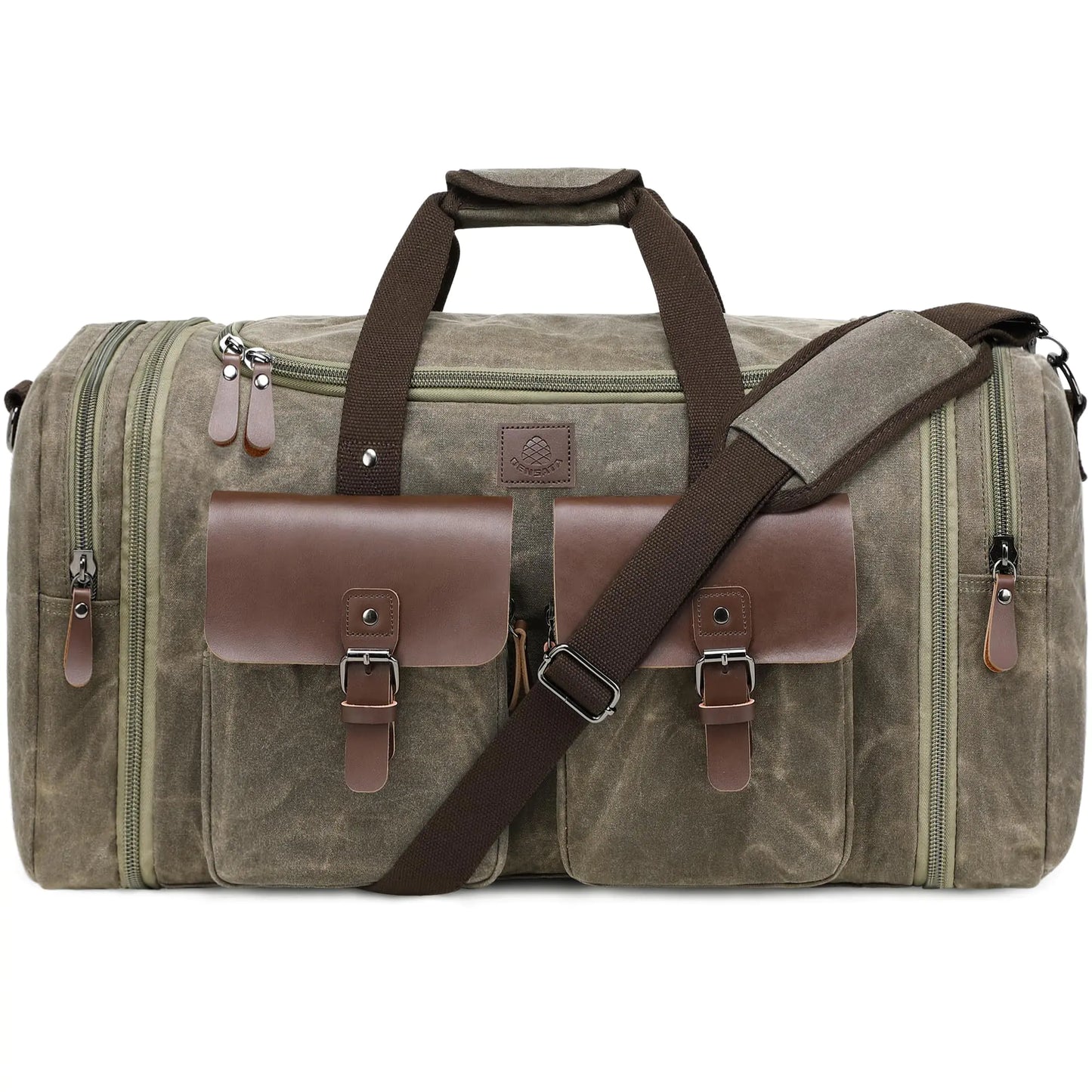 Densata Waxed Canvas Duffle Bag for Men 60L Travel Duffel Bags Expandable Genuine Leather Duffel Overnight Weekender Carry On Bag Two Zipper Pockets Travel Bag (Vintage Grey X Large-60L)