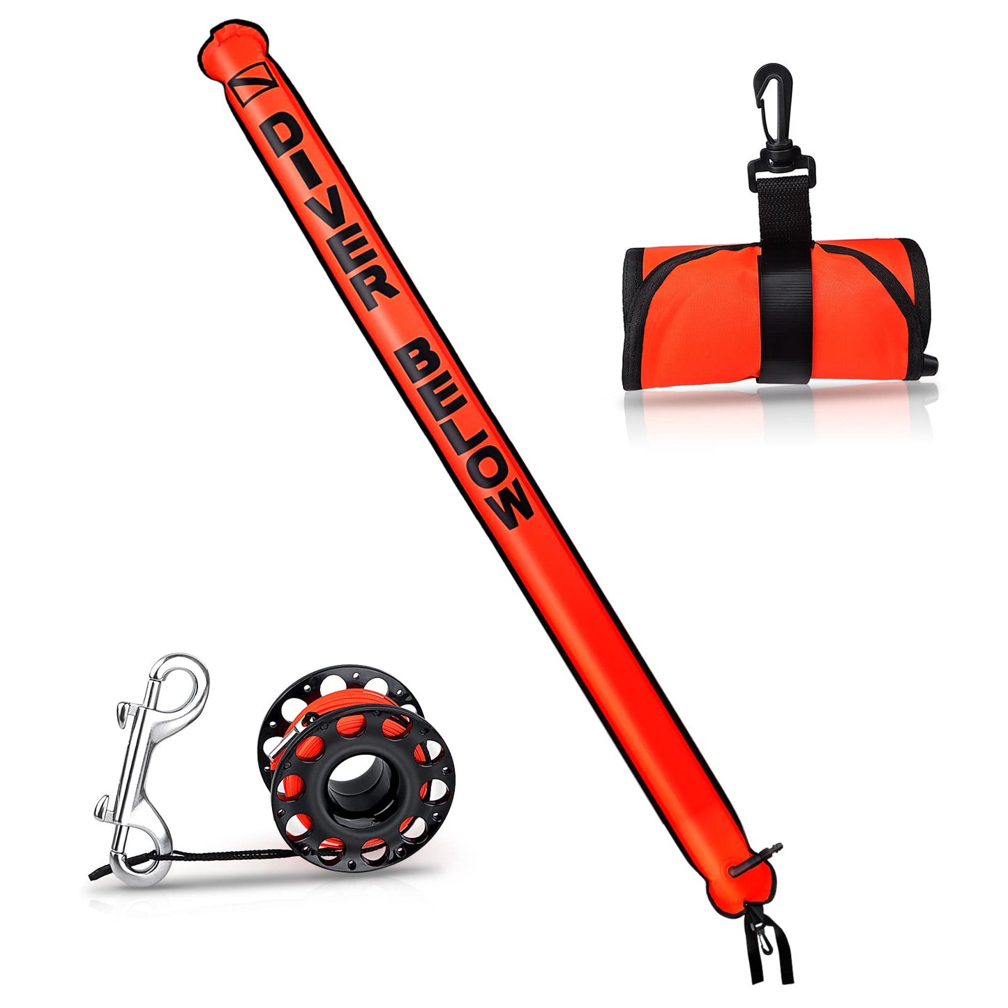 Surface Marker Buoy Set 6ft Hi-Visibility Inflatable Closed Bottom Signal Tube Safety Sausage with 100ft/30m ABS Finger Spool Reel and Snap Clip Kit for Underwater Scuba Diving Equipment (Hi-viz Red)