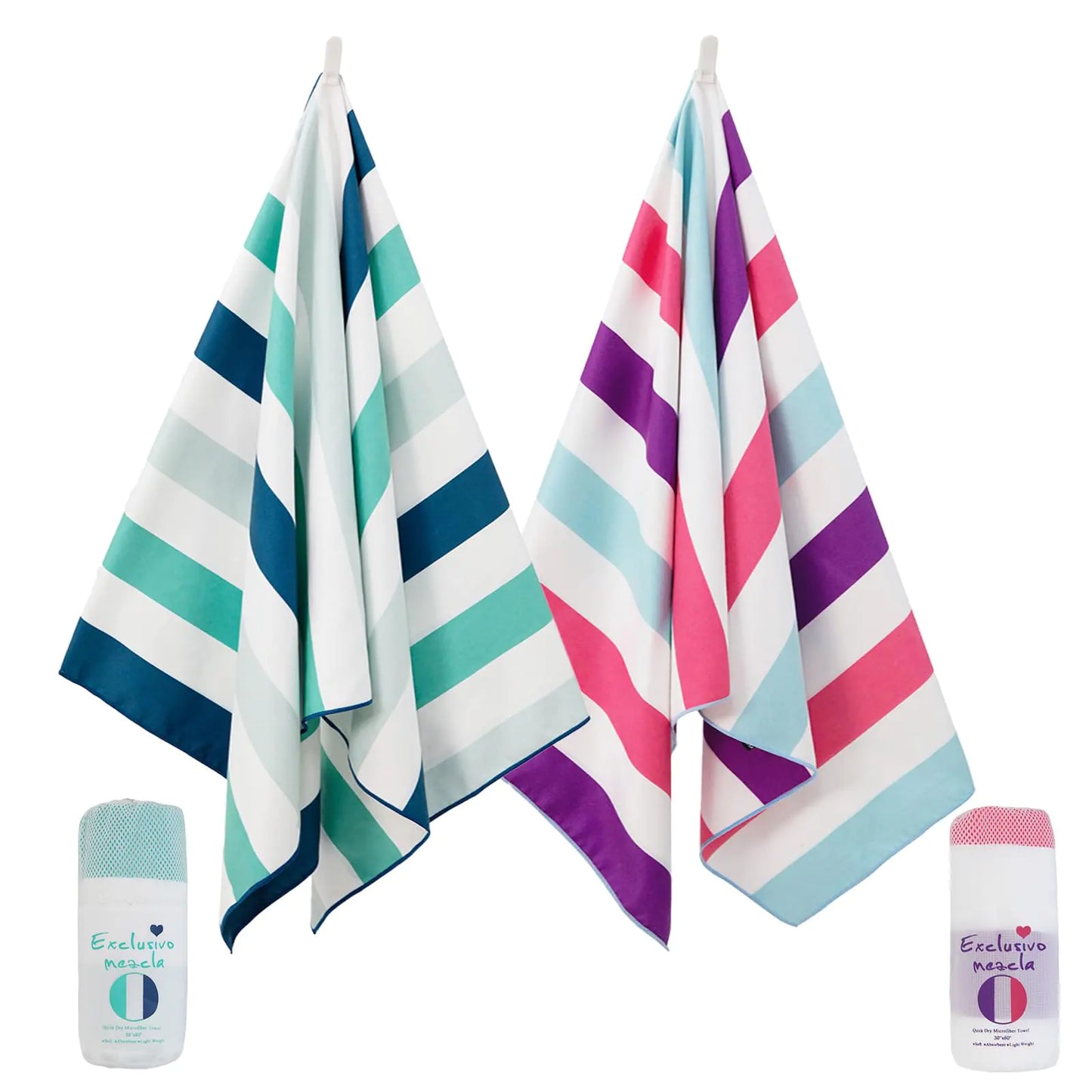Exclusivo Mezcla 2 Pack Oversized Microfiber Quick Dry Beach Towels Lightweight Sand-Free Cabana Stripe Pool Travel Camping Towel with Bag (Green and Purple 35x70 Inches)